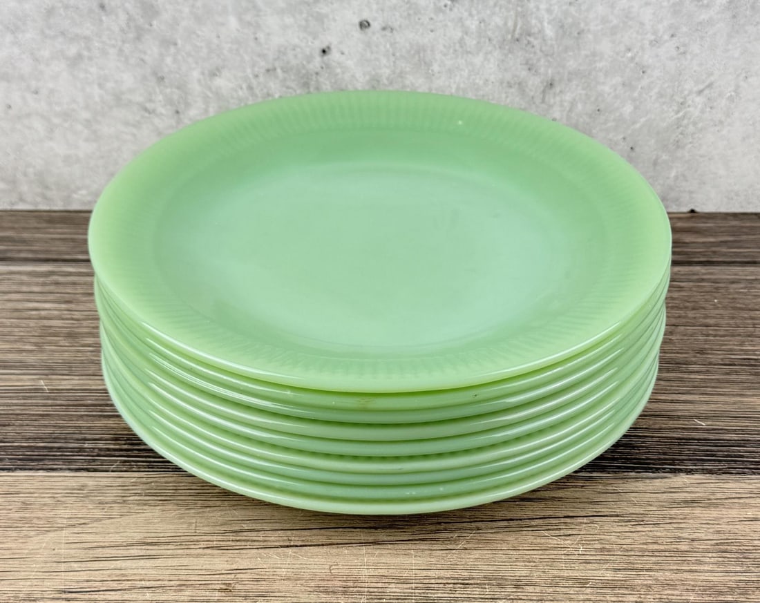 Fire King Jadeite Jane Ray Ribbed Plates: Group of 9. 9" diameter.