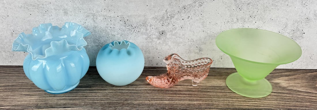 Vases Uranium Glass Bowl and Shoe: Nice grouping.
