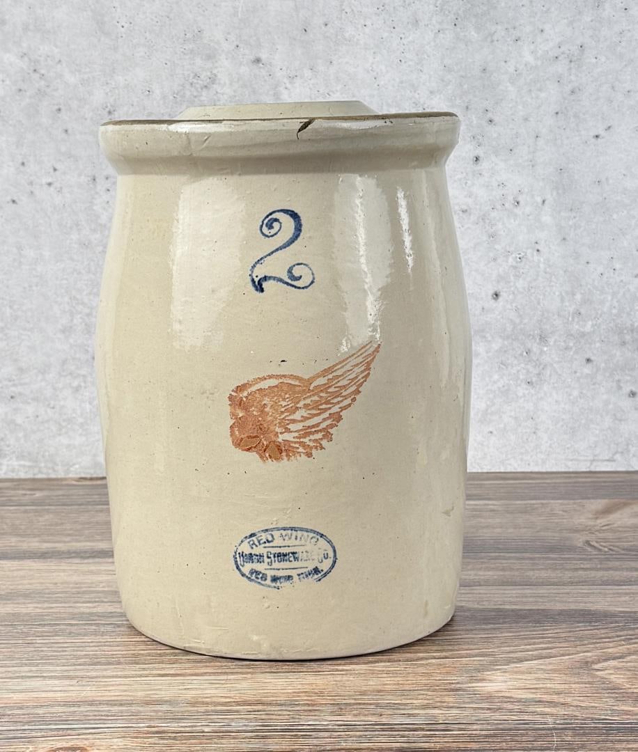 Red Wing 2 Gallon Butter Churn: Comes with lid. Churn is cracked, lid is chipped.