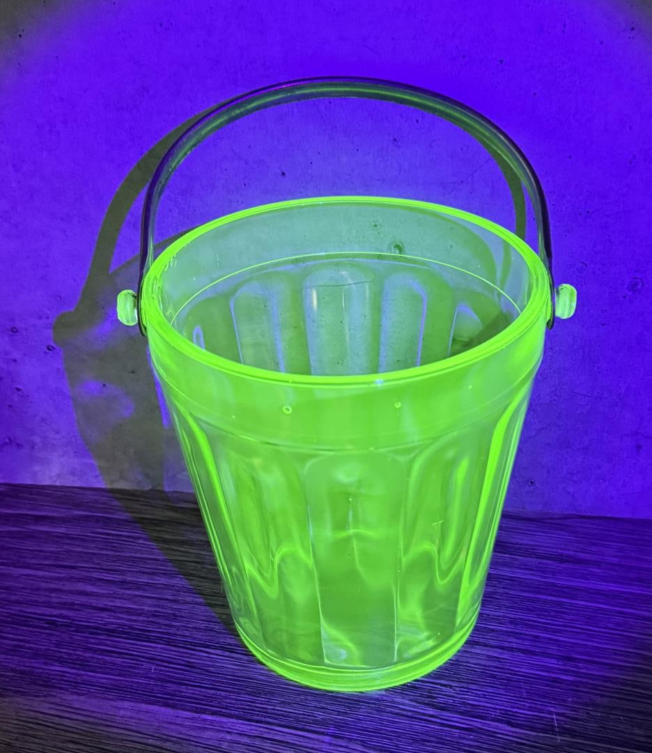 Fostoria Fairfax Uranium Glass Ice Bucket: 5 1/4" tall, 5 1/2" diameter.