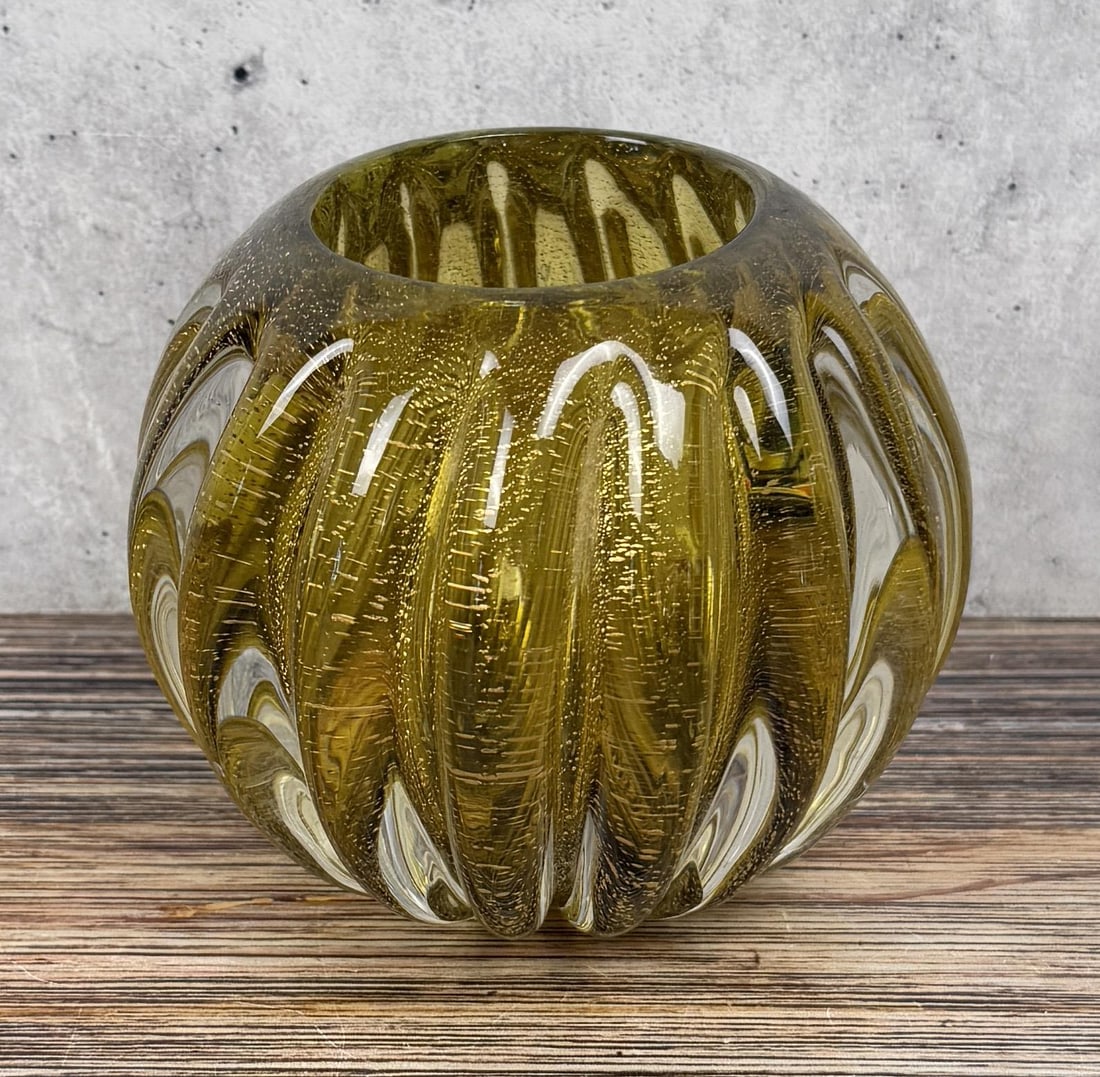 Murano Art Glass Ribbed Vase: 4" diameter, 3 3/4" tall.