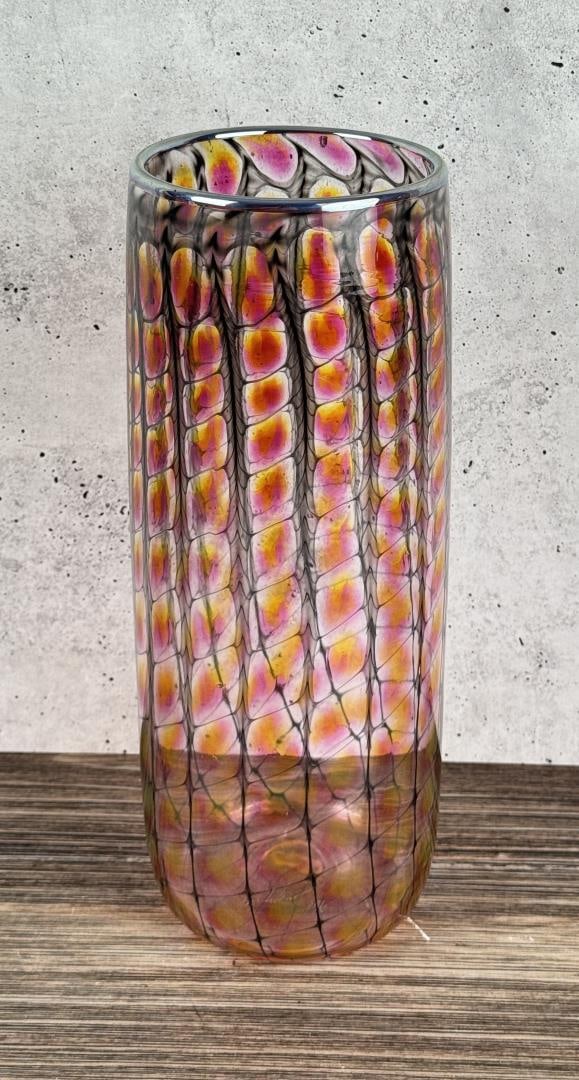 Tom Philabaum Reptilian Art Glass Vase: 11" tall, 4 3/8".