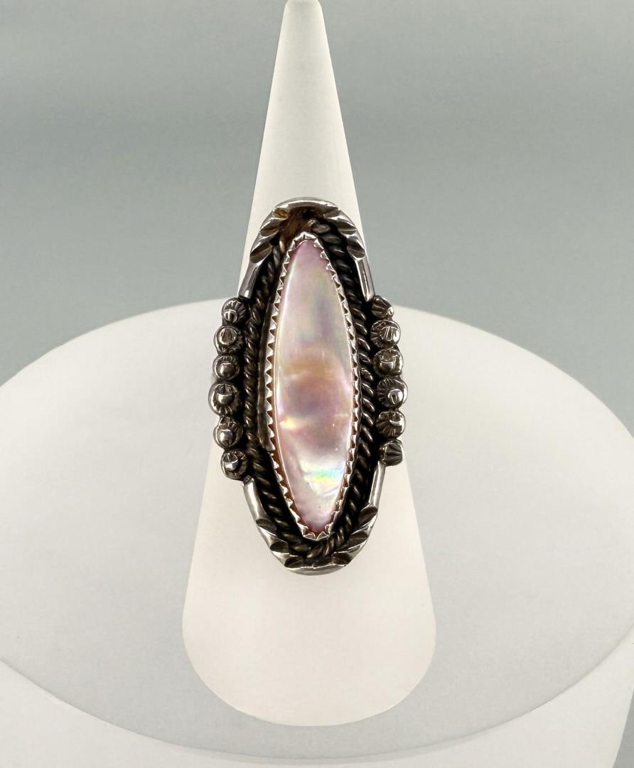 Monroe Ashley Navajo Sterling Silver Ring: Nice Mother of Pearl Ring. Size 8. Stamped by Maker Monroe Ashley