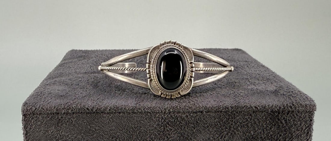 Navajo Sterling Silver Onyx Bracelet: 2 3/8" round. 15grams. Signed LDB.