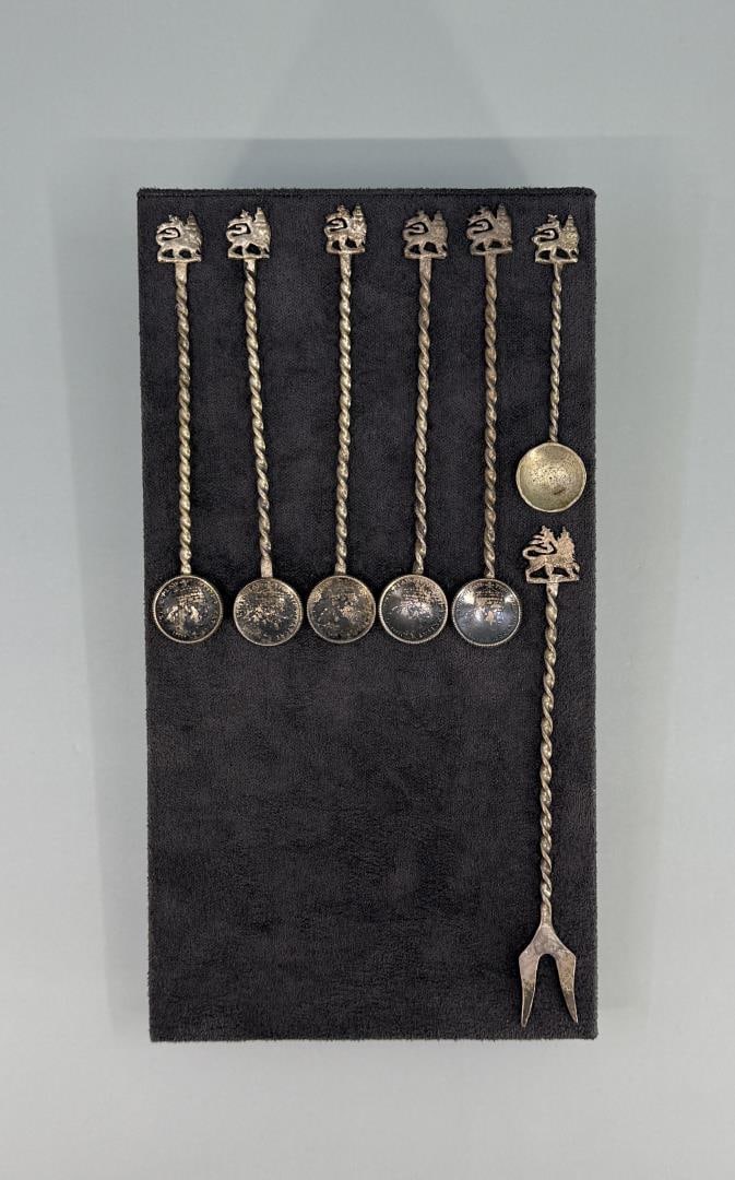 Sterling Silver Coin Cocktail Tea Spoons: With olive / toasting fork as well. Spoons are 3 3/4" long, fork is 4 1/4" long. 26.64 grams.
