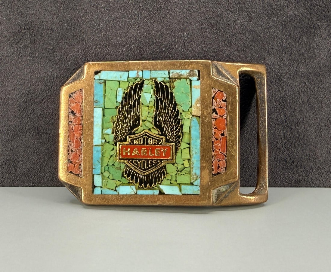 Harley Davidson Motorcycles Inlaid Belt Buckle: Made by Tech Ether Guild. 3 1/8" long.
