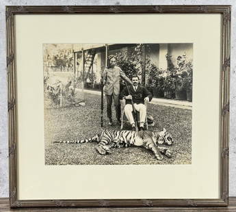 Colonel A.E. Stewart India Tiger Hunt Photo: 14 1/2" by 16" framed. Colonel Arthur Easdale Stewart wrote the book Tiger and other game: the practical experiences of a soldier shikari in India.