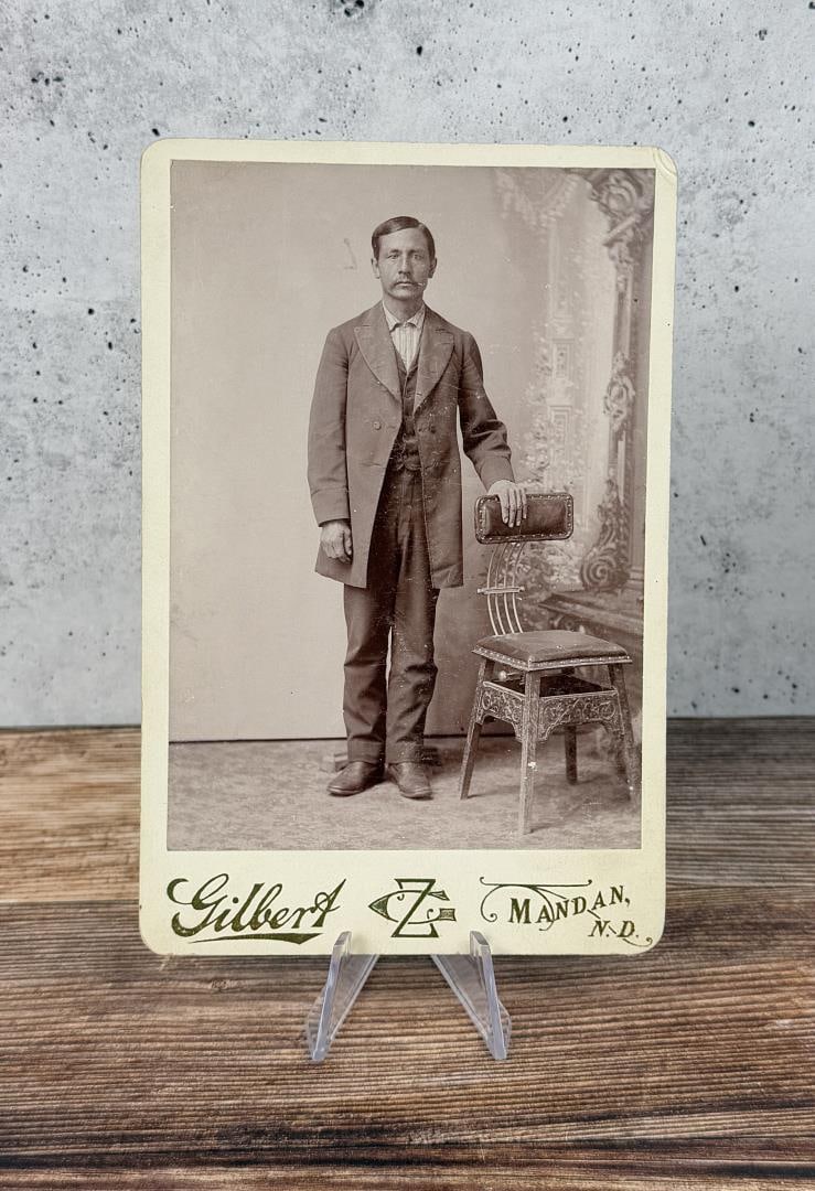 Owen Lovejoy Indian Cabinet Photo North Dakota: Photographer Gilbert of Mandan North Dakota. 4 1/4" by 6 1/2" Provenance: The Estate of George W Reed Indian Missionary and Pastor of Standing Rock Reservation Fort Yates North Dakota.