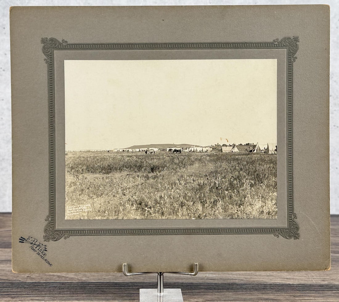Frank Bennett Fiske Indian Cabinet Photo: A portion of the camp taken Sept 5th 1908. Standing Rock Agency in Distance. 10" by 12" Provenance: The Estate of George W Reed Indian Missionary and Pastor of Standing Rock Reservation Fort Yates Nor