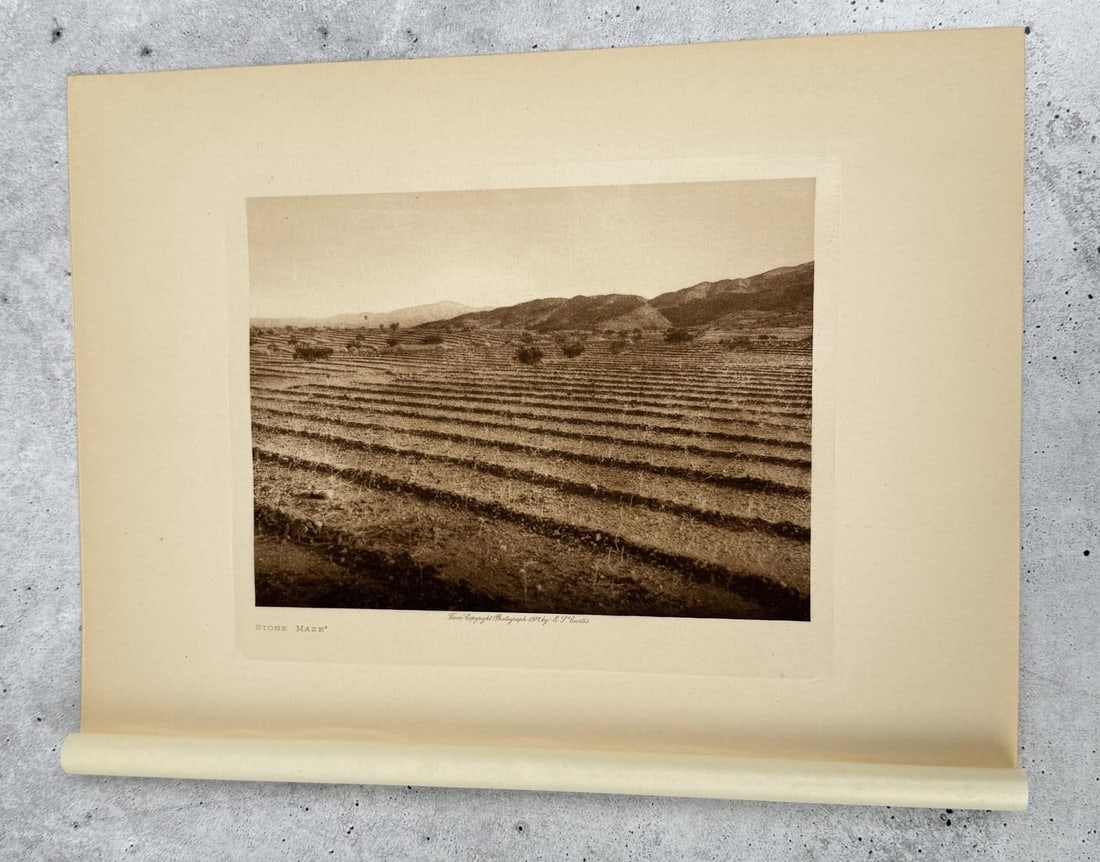 Edward Curtis Photogravure Stone Maze: Original 1908 Gampi Tissue Photogravure from Edward Curtis The North American Indian Volume 2. 9" by 12".