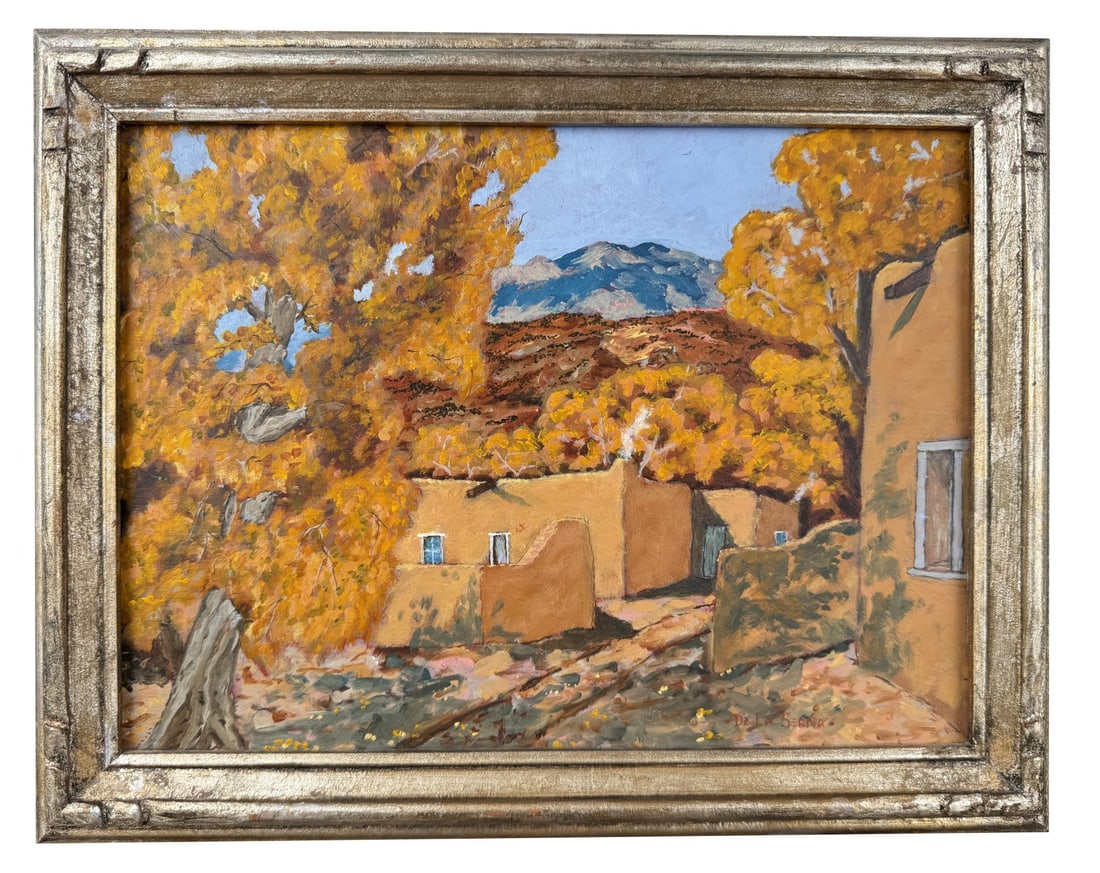 Isamel De La Serna Taos Pueblo Painting: Title is Taos Pueblo. 12 3/4" by 9 1/2" unframed. 14 3/4" by 11 5/8" framed. Oil on board. Provenance: From the Estate of Monroe Wingate. Ismael Gonzalez De La Serna (1898 - 1968) was active/lived in 