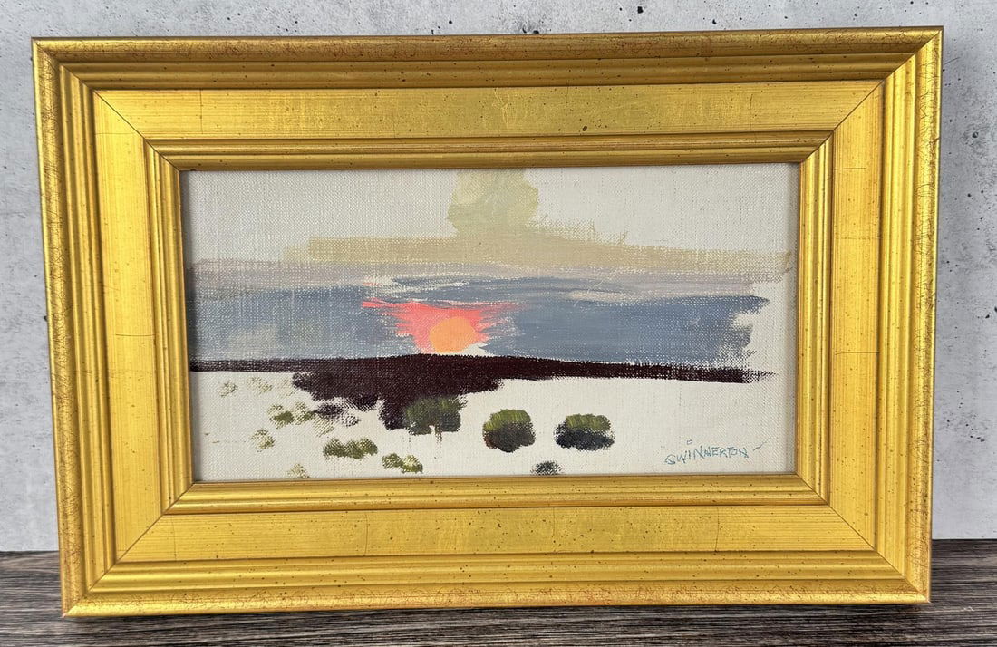 James Swinnerton Taos Sunset Oil Painting: Title is Sunset. 6 1/2" by 11 1/2" unframed, 9 1/2" by 14 1/2" framed. Oil on Board. Provenance: Gerald Peters Gallery, Santa Fe, New Mexico Private Collection, Florida James Guilford (Jimmy) Swinnert