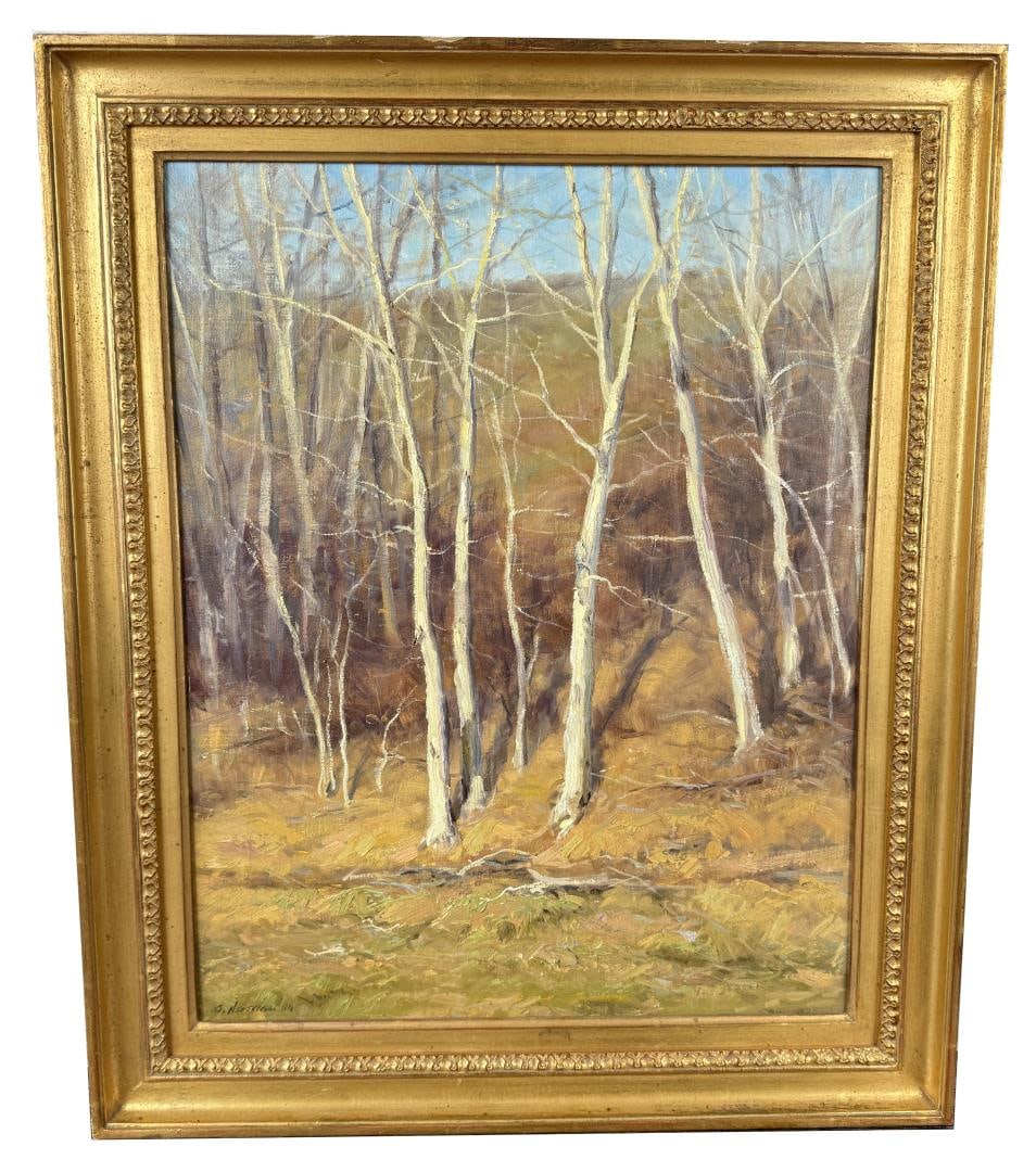 Clyde Aspevig Montana Aspens Oil Painting: Title is Montana Aspens. 16" by 20" unframed, 20" by 24" framed. Oil on Canvas. Provenance: Scottsdale Art Auction, 04/02/2005, Lot 149. Condition Report: Currently missing a piece of paint the size o