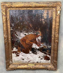 Frederic Remington The Hunter Oil Painting: Title is The Hunter. 20" by 30" unframed. 27 1/2" by 36 1/2" framed. Necomb Macklin Frame. Provenance: Private Georgia Estate. Christies Auction Ink Stamp in Verso Stretcher Bar. Condition: Painting h