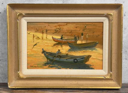 John Pototschnik Boats of Cascais Painting: Title is Boats of Cascais. 7" by 11" unframed. 11" by 15" framed. Oil on Board. John Pototschnik (Born 1946) is active/lives in Texas. John Pototschnik is known for Landscape, structures, and figure p
