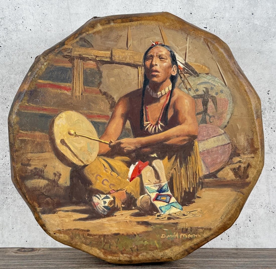 David Mann Drum Beat Painting: Title is Drum Beat. 12 1/2" by 12 1/2". Oil on Rawhide Provenance: Altermann Galleries & Auctioneers, November 2019, Lot 327. From the Gary Jacobson Estate David Mann (Born 1948) is active/lives in Ut