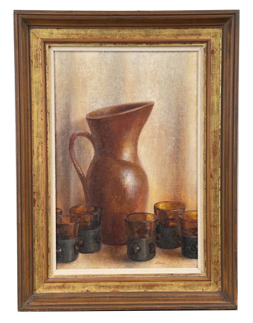 A D Greer From Mexico Still Life Painting: Title is From Mexico. 12" by 18" unframed. 23 1/2" by 17 1/2" framed. Oil on Board. Provenance: Gallery A, Taos, NM (label verso). From a Private Collection A. D. Greer (1904 - 1998) was active/lived 