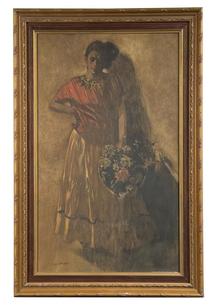 Dan McCaw Woman with Flower Basket Painting: Title is Woman with Flower Basket. 16" by 25 1/2" unframed. 20" by 30 1/2" framed. Oil on Board. Dan McCaw (Born 1942) is active/lives in California, Montana. Dan McCaw is known for Figure, interiors