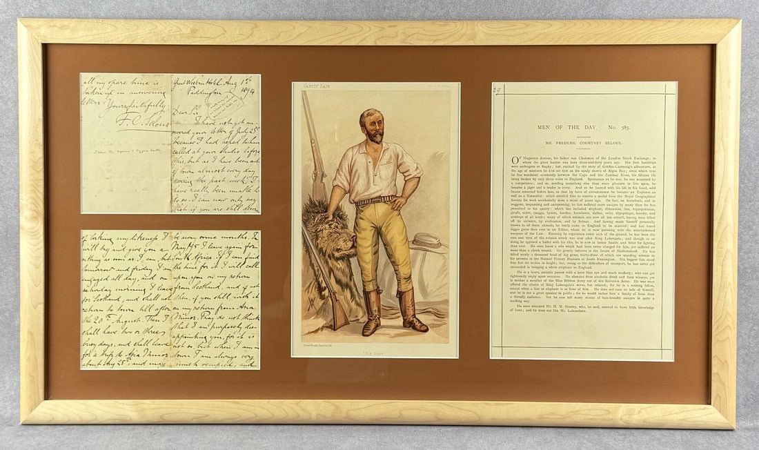 Frederick Courteney Selous Hunter Explorer Letter: Framed Letter with signature and Vanity Fair Excerpt. 20" by 35" framed