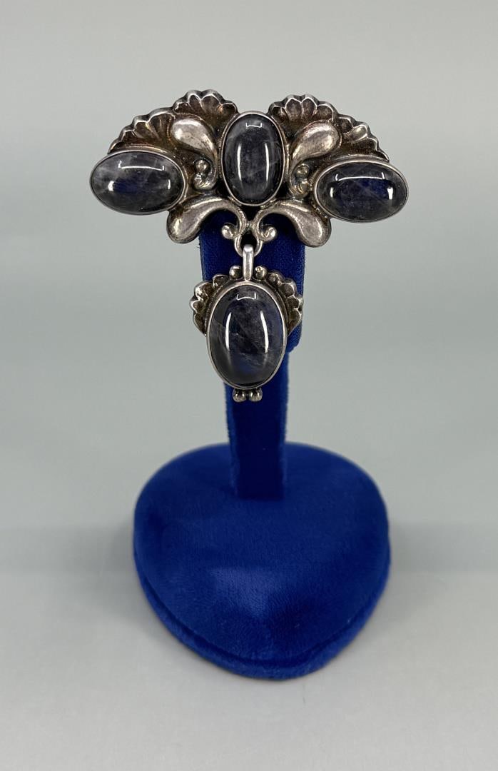 Georg Jensen Sterling Silver Labradorite Brooch: Catalog number 152. 2 1/8" wide. 17.50 grams total weight.