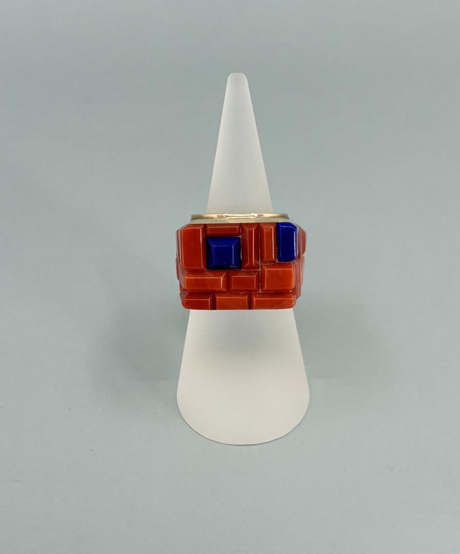 Saunsa Foya Navajo 14k Gold Cobblestone Ring: 21 grams. Size 6 1/2. Coral and Lapis Lazuli. Lot requires payment via non credit card.