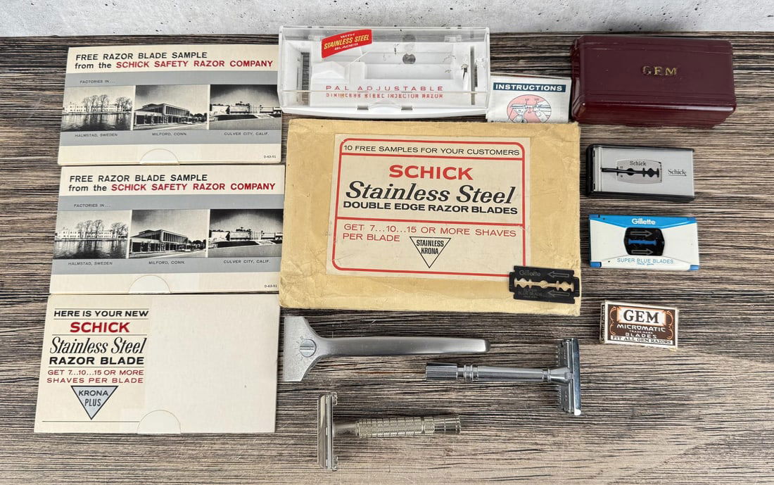 Antique Safety Shaving Razors: Includes Samples by Schick, Gillette and GEM Blades.