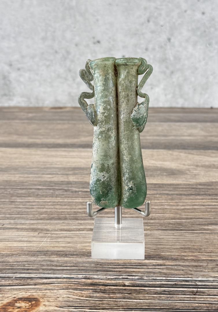 Ancient Roman Glass Balsamarium Perfume Bottle: 4 1/2" by 2 1/4" by 1". Circa 4th-5th Century A.D.
