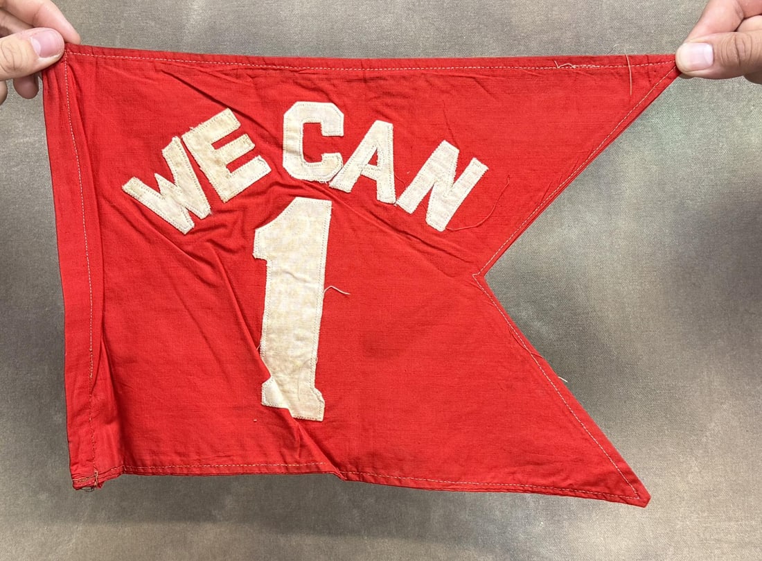 WW2 Homefront We Can Do It Campaign Pennant: 13 3/4" by 8 1/2". This slogan, is associated with the We Can Do It! campaign and its iconic figure, Rosie the Riveter, from World War II.
