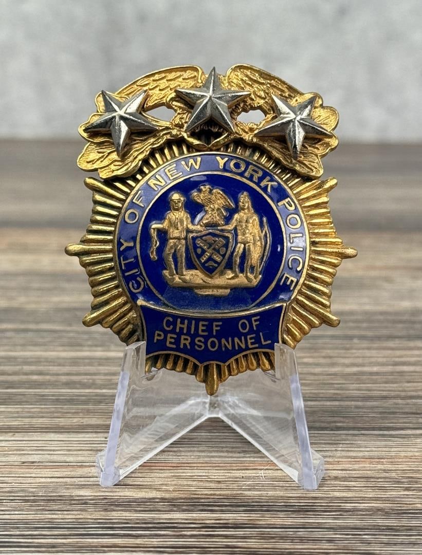 New York City Police Chief of Personnel Badge: 2 1/2" long by 2 1/8" long.