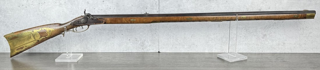 Antique Pennsylvania Long Rifle Eagle Inlayed: Stock inlaid with Eagle and Shield. Fancy Patch box. Barrel marking as shown, illegible. 42" barrel. .50 caliber. Antique, does not require FFL transfer. No international sales. Black powder guns cann