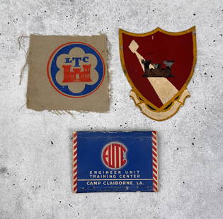 Collection Of WW2 Army Engineer Corps Items: Includes a Leadership Training Course patch, a rendering on tin of the 361st Special Service Engineering Regiment logo, and a matchbook from Camp Claiborne, LA.