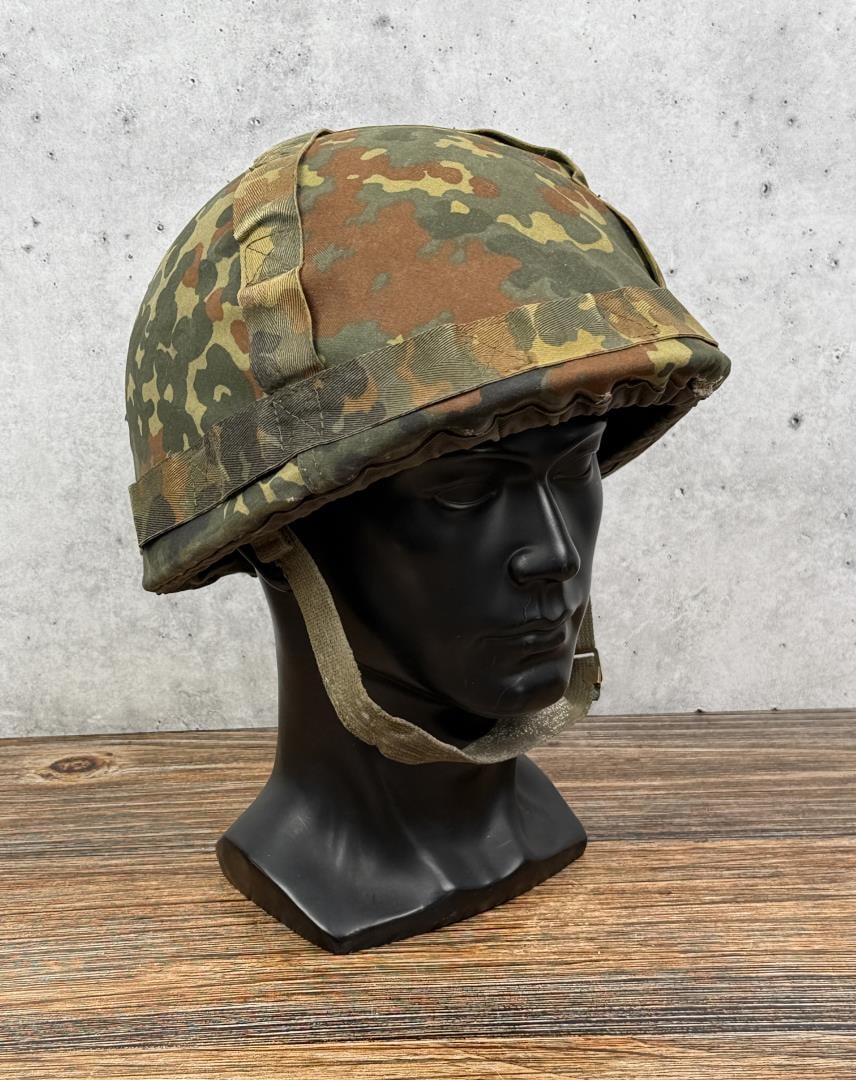 German M60 Steel Helmet With Flecktarn Cover: Nice example with liner and chin strap
