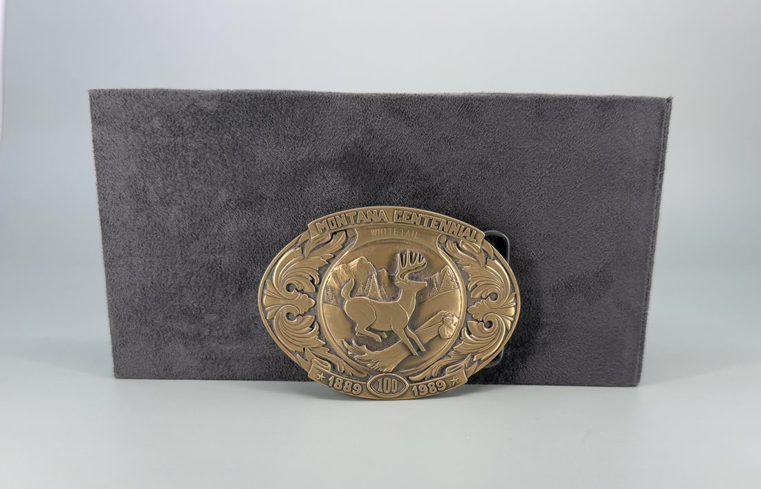 Montana Centennial Whitetail Deer Belt Buckle: 3 1/2" long.