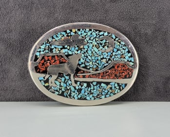 Zuni Chip Inlaid Coyote Belt Buckle