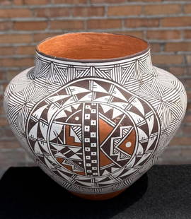 Miranda Leno Acoma Pueblo Olla Water Pot: Damaged and repaired as shown. 8 1/2" diameter, 7 1/4" tall.