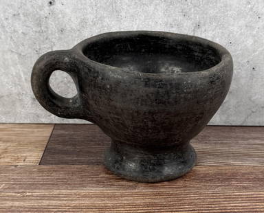 Antique San Juan Pueblo Handled Pottery Cup: 4 1/2" by 4 1/8" by 3 1/4"