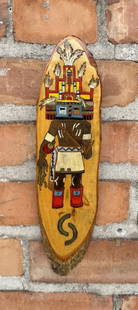 Howard Cris Hopi Indian Kachina Plaque: 11 5/8" long, 3" wide. Kachina dolls are extremely delicate, with fragile appendages, paint, and construction that are highly susceptible to damage during handling and transit. While we will take