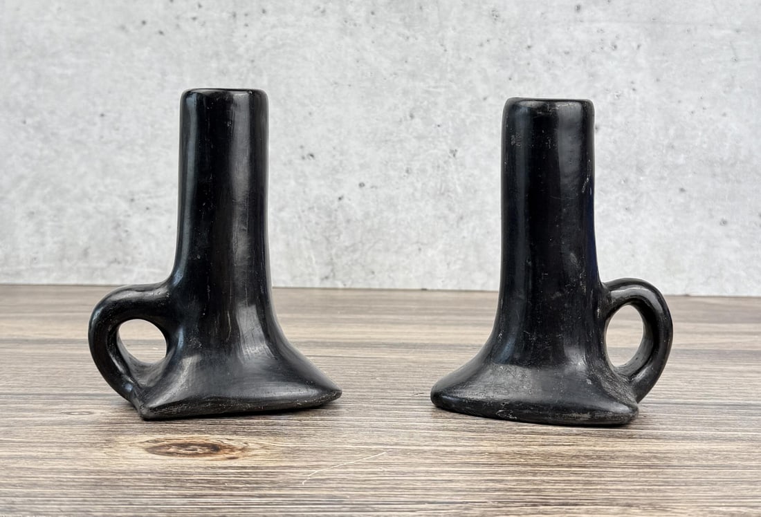 Santa Clara Pueblo Pottery Candlesticks: 6" tall.