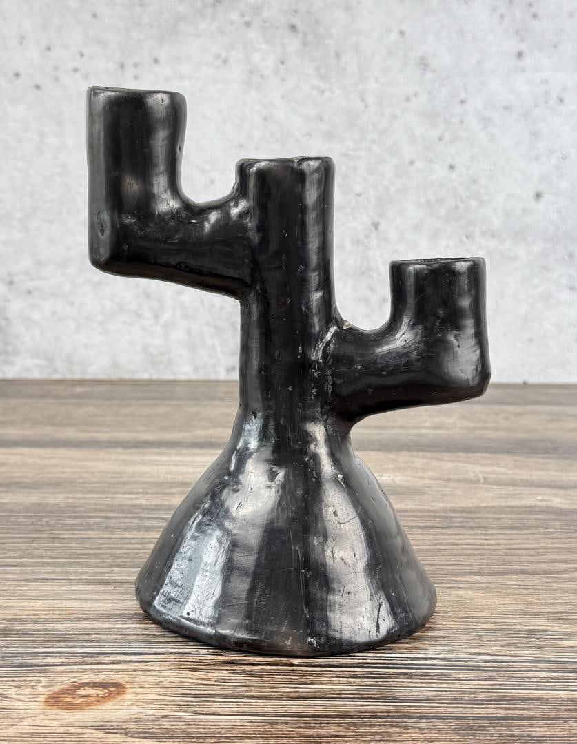 Oaxaca Barro Negro Pottery Candlestick: 7 3/4" by 5" by 4 3/4"