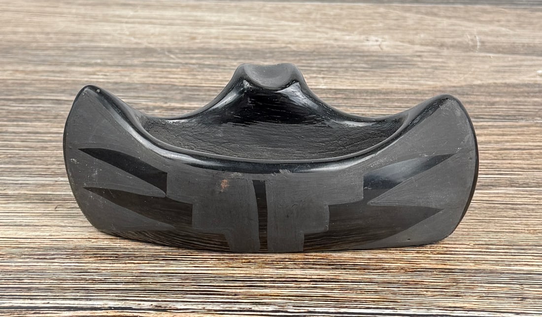 Santa Clara Pueblo Pottery Canoe Ashtray: 4 3/4" by 3 1/2" by 2"