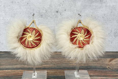 Alaskan Inuit Yupik Eskimo Woven Dance Fans: Woven grass and fur. 8 1/2" diameter.