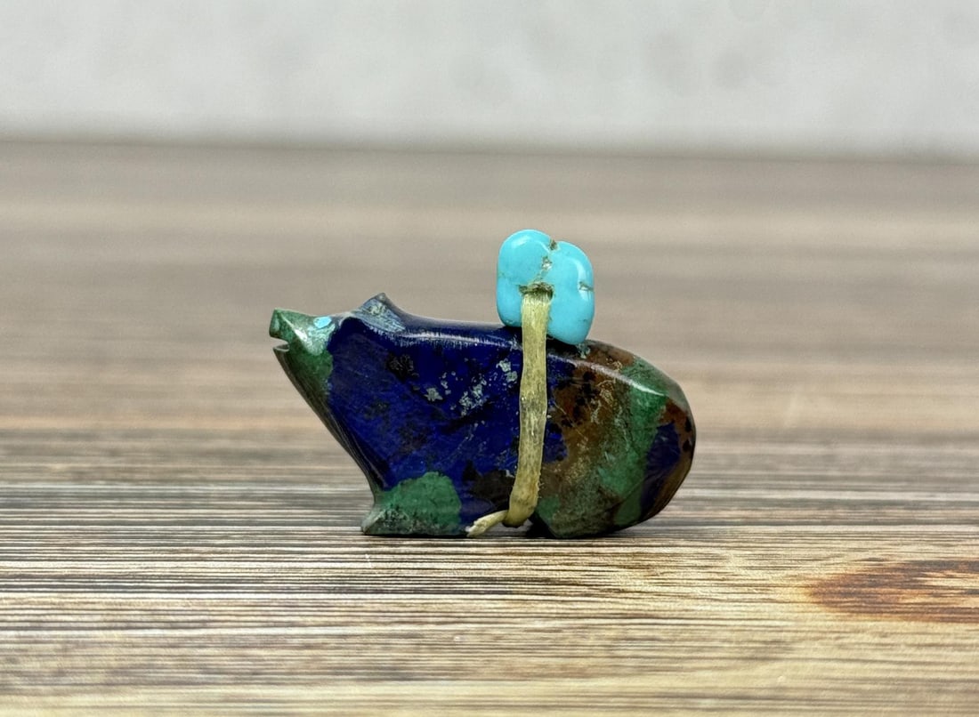 Zuni Carved Malachite Azurite Bear Fetish: 1 1/4" by 3/4" by 1/4"