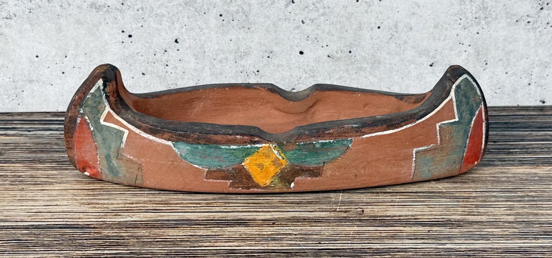 Jemez Pueblo Pottery Canoe Ashtray: 6 1/2" long.