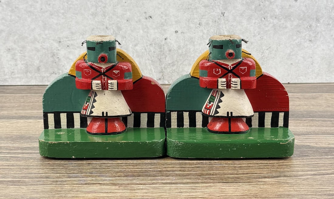 Hopi Indian Kachina Doll Bookends: 6" by 5 3/4" by 5 1/4". Kachina dolls are extremely delicate, with fragile appendages, paint, and construction that are highly susceptible to damage during handling and transit. While we will take eve