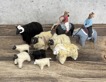Navajo Clay Folk Art Mud Toy Cowgirls and Sheep