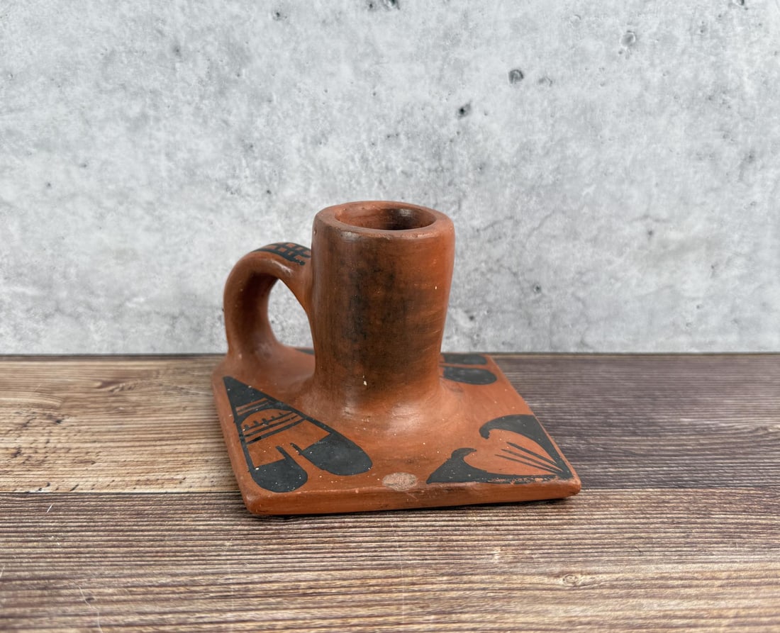 Hopi Indian Pottery Candlestick: 4 1/8" by 4" by 2 3/4". Chipped as shown.
