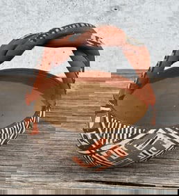 Isleta Pueblo Pottery Basket Swastika Whirling Log