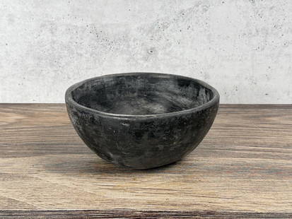 Antique San Juan Pueblo Pottery Bowl: 7 3/8" diameter, 3 1/4" tall. Use wear as shown.