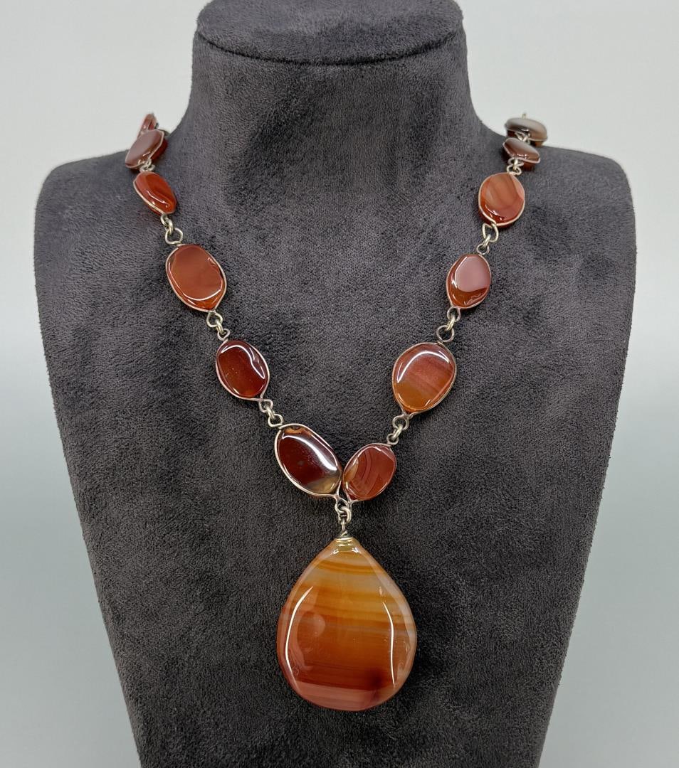 Sterling Silver Carnelian Necklace: 16" long closed.