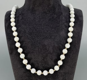 Chinese 14k Gold White Jade Ball Necklace